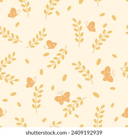 Seamless pattern with rice plant, seed, and butterfly cartoons on yellow background vector.