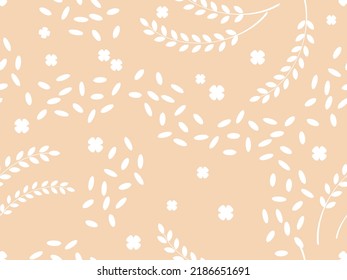 Patrón sin foco con planta de arroz, semillas y flor pequeña en papel beige ilustración vectorial de fondo.