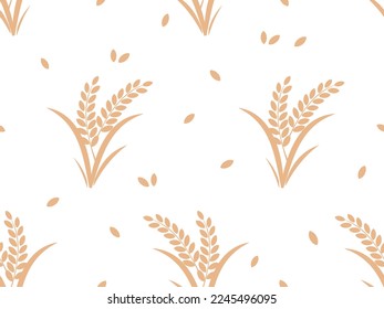 Seamless pattern with rice plant and seeds on white background vector illustration.