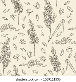 Seamless Pattern With Rice And Plant With Rice. Vector Hand Drawn Illustration.