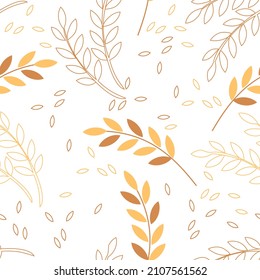 Seamless pattern with rice plants and seeds on white background vector illustration.