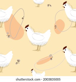 Seamless pattern in rich colors with the image of white chickens in a checkerboard pattern in a flat style with the addition of small decorative details. For printing on paper, textiles, linen, dishes