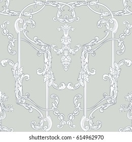 Seamless pattern with richly decorated rococo style floral decor elements. In vintage grey colors. Stock vector illustration.