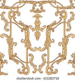 Seamless Pattern With Richly Decorated Rococo Style Floral Decor Elements. In Gold Colors. Stock Vector Illustration.