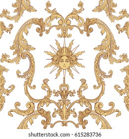 Seamless pattern with richly decorated rococo style floral decor elements. In gold colors. Stock vector illustration.