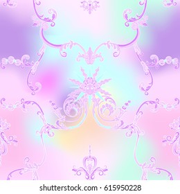 Seamless pattern with richly decorated rococo style floral decor elements. In pink colors. Stock vector illustration.