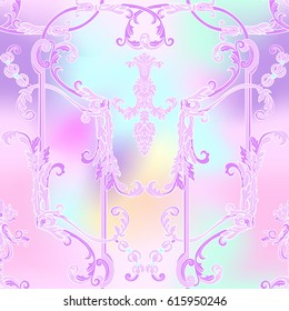 Seamless pattern with richly decorated rococo style floral decor elements. In pink colors. Stock vector illustration.