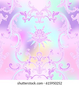 Seamless pattern with richly decorated rococo style floral decor elements. In pink colors. Stock vector illustration.