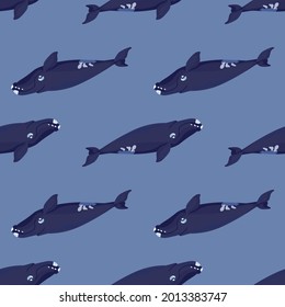 Seamless pattern right whale on blue background. Template of cartoon character of ocean for fabric. Repeated geometrical texture with marine cetacean.Design for any purposes.Vector illustration