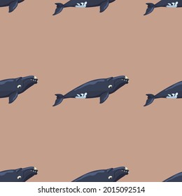 Seamless pattern right whale on beige background. Template of cartoon character of ocean for fabric. Repeated geometric texture with marine cetacean. Design for any purposes. Vector illustration.