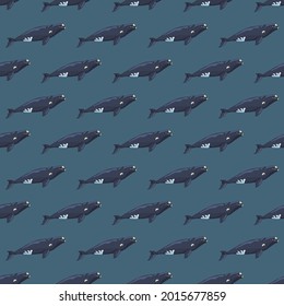 Seamless pattern right whale on teal background. Template of cartoon character of ocean for fabric. Repeated geometric small texture with marine cetacean. Design for any purposes. Vector illustration