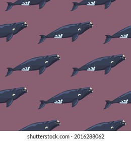 Seamless pattern right whale on pink background. Template of cartoon character of ocean for fabric. Simple repeated geometric texture with marine cetacean. Design for any purposes.Vector illustration.