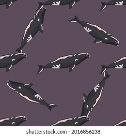 Seamless pattern right whale on violet background. Template of cartoon character of ocean for fabric.Repeated random texture with marine cetacean.Design for any purposes.Vector illustration