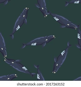 Seamless pattern right whale on green background. Template of cartoon character of ocean for fabric.Repeated random texture with marine cetacean.Design for any purposes.Vector illustration