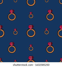 Seamless pattern ring with diamond. Dark blue background. Vector. Idea for cover, Wallpaper, children's clothing, fabric, cover. Valentine day. Holiday print.