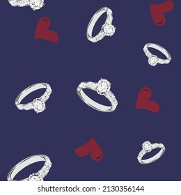 A seamless pattern of rings with clear diamond and red heart.