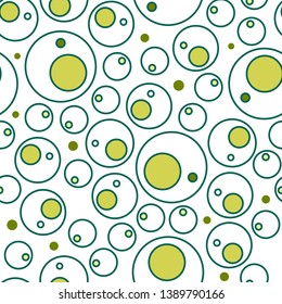 Seamless pattern of rings of different sizes and small circles of olive shades. Vector illustration on white background for printing wrapping paper, wallpaper, fabrics.