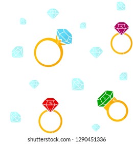 Seamless pattern of rings with gemstones. Vector illustration of repeating background with fashionable jewelry.
