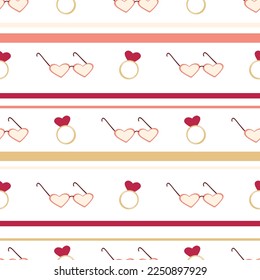 Anillos y gafas de patrón sin foco. Borde de rayas. Papel digital para el día de San Valentín o boda. Plantilla romántica. Diseño plano, ilustración vectorial