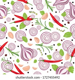 Nahtlose Muster von Ringen aus roten Salatzwiebeln, Knoblauchzehen, heißen Chili Paprika, Kräuter und Gewürzen auf weißem Hintergrund. Vector realistische Zeichnung.