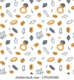 Seamless pattern with rings, runes and crystals on isolated white background. Vector illustration for print, fabric, textile, cloth. wear, t-shirt, wallpaper