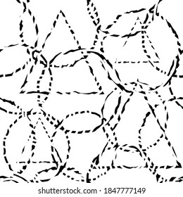 Nahtlose Muster von Ringen und Dreiecken, monochrome, weiße und schwarze Vektorgrafik