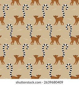 seamless pattern ringtailed lemur animal on brown background vector wallpaper textile giftwrap fabric