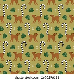 seamless pattern ringtailed lemur animal on green background vector wallpaper textile giftwrap fabric