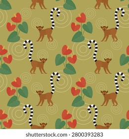seamless pattern ringtailed lemur animal anthurium plant tropical jungle on green background vector wallpaper textile giftwrap fabric