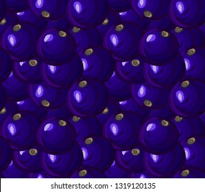 Seamless pattern with ripe acai berries. Brazilian superfruit. Euterpe oleracea. Superfood for healthy life. Dietary supplement. Repeating background for header, label, package. Vector, eps10