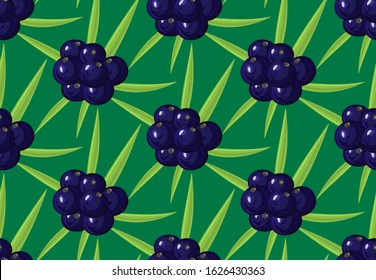 Seamless pattern with ripe acai berries. Brazilian superfruit. Euterpe oleracea. Superfood for healthy life. Dietary supplement. Repeating background for header, label, package. Vector, eps10