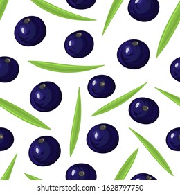 Seamless pattern with ripe acai berries, leaves. Brazilian superfruit. Euterpe oleracea. Superfood for healthy life. Dietary supplement. Repeating background for header, label, package. Vector, eps10