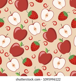 Seamless pattern of ripe apples and a sweet strawberry. This fruit design for your business projects. Ideal for fabrics and decor. Beautiful vector background