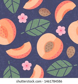 Seamless pattern. Ripe Apricot juicy fruits leaves and flowers on shabby background. Sliced fruit. Cut apricots.