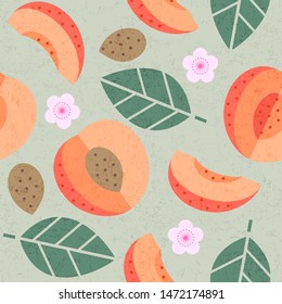 Seamless pattern. Ripe Apricot  juicy fruits leaves and flowers on shabby background. Sliced fruit. Cut apricots.