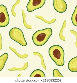 Seamless pattern of ripe avocado with a stone, avocado halves and slices.