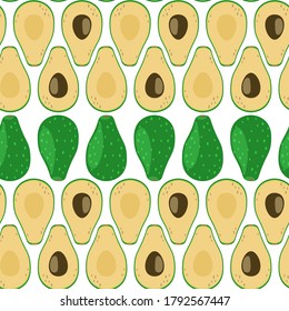 Nahtloses Muster mit reifem Avocado - ganze und halbe Früchte einzeln auf weißem Hintergrund