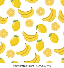 
Seamless pattern of ripe banana and a useful lemon. This fruit design for your business projects. Ideal for fabrics and decor. Beautiful vector background