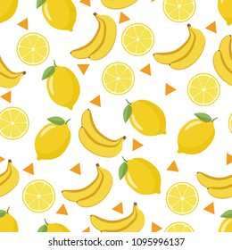 Seamless pattern of ripe banana and a useful lemon. This fruit design for your business projects. Ideal for fabrics and decor. Beautiful vector background