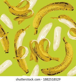 Seamless pattern with ripe bananas on a green backdrop. Sweet tropical fruit vector background with whole, halves and half peeled bananas, suitable for wallpaper, wrapping paper, fabric, summer design