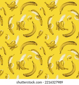 Patrón sin foco con plátanos maduros en segundo plano. Fondo vectorial de la fruta con plátanos enteros y medio pelados, adecuado para papel de pared, papel envolvente, tela, diseño de verano