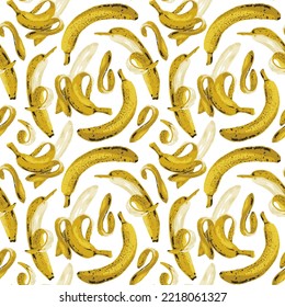 Seamless pattern with ripe bananas on backdrop. Fruit vector background with whole and half peeled bananas, suitable for wallpaper, wrapping paper, fabric, summer design