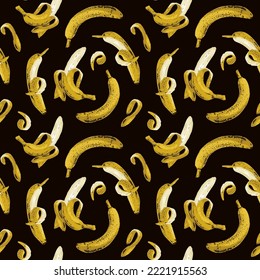 Seamless pattern with ripe bananas on backdrop. Fruit vector background with whole and half peeled bananas, suitable for wallpaper, wrapping paper, fabric, summer design