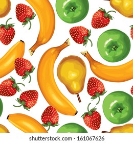 Seamless pattern of ripe bananas, pears, strawberries and green apples on white background