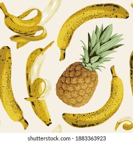 Patrón sin foco con plátanos maduros y piña sobre un fondo claro. Fondo vectorial de la fruta con plátanos enteros y medio pelados, adecuado para papel de pared, papel envolvente, tela, diseño de verano