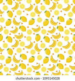 Seamless pattern of ripe bananas and useful lemons. This fruit design for your business projects. Ideal for fabrics and decor. Beautiful vector background