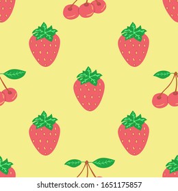 Seamless pattern with ripe berries of cherry and strawberry on a light yellow background. Colorful illustration. Suitable as packaging, print, fabric, paper vector