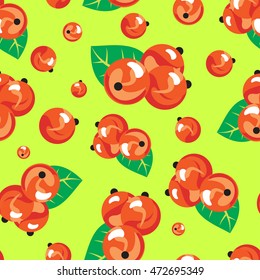 Seamless pattern with ripe berries and currants. Vector illustration on yellow-green background.