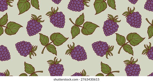 Seamless Pattern with Ripe Blackberries and Leaves on Sage Green Background. Botanical Horizontal Fruit Print. Summer Forest Harvest. Vector Illustration.