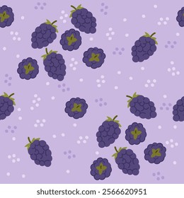 Seamless pattern of ripe blackberries. Suitable for berry-themed projects, dessert recipes, and highlighting blackberries properties and health benefits. Vector illustration on purple background